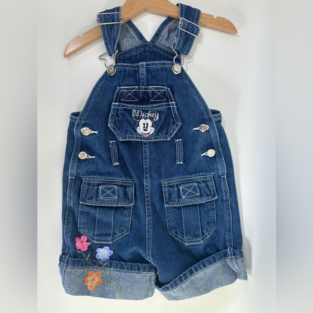 VTG Disney 2000 Mickey & Co Denim Shortalls Girls 5 Flowers Pockets